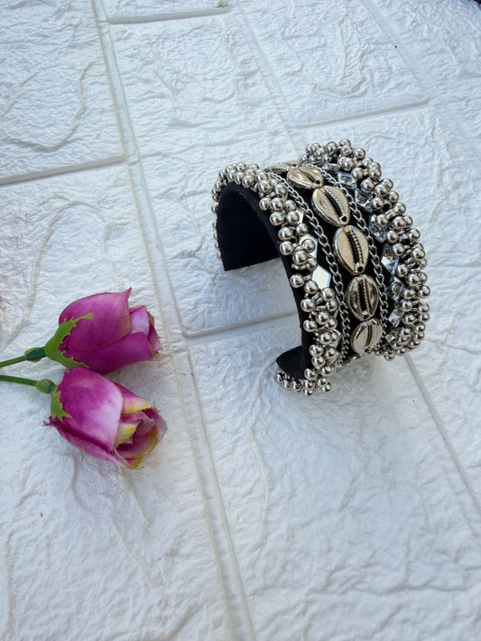 Banjara Cuff Bracelet Set NHC05 Naari Ratan - Black colour handcuff style silver charm wrist cuffs with cowrie shells and Multicolor Beads