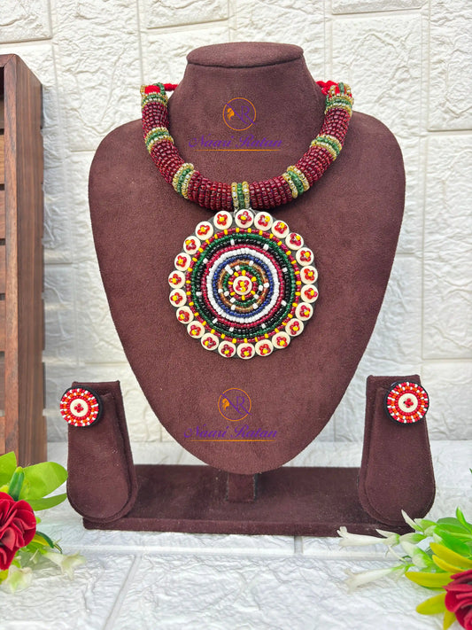 Kutchi Motira Choker - Multicolor beaded choker set with mirror work pendant and earrings by Naari Ratan