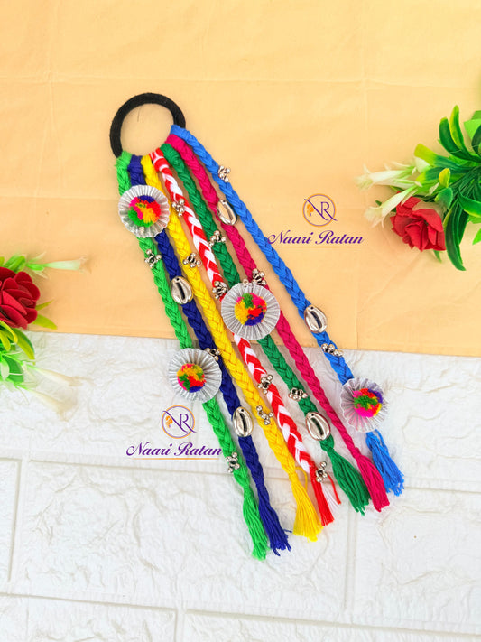 Rangeeli Hair Band HA02 Naari Ratan - multicolor braided hair accessory with cowrie shells and pom-poms