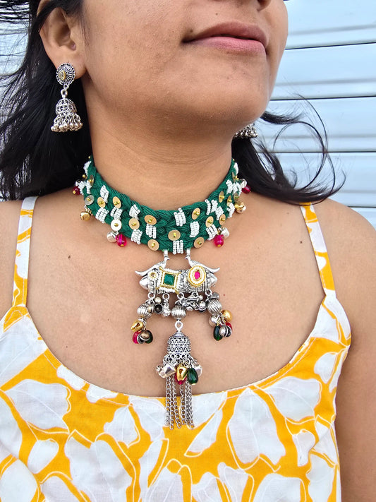 Rangeeli Layered Neckpiece NNS62 - Handcrafted braided choker with statement pendant by Naari Ratan