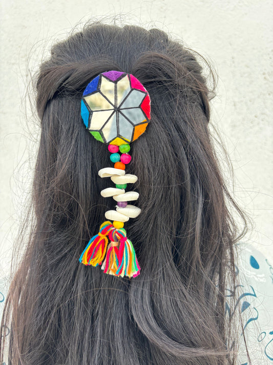 Sitara Hair Clip HA10 Naari Ratan - mirror work star hair clip with cowrie shells and multicolor tassel