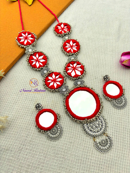 Sitara Neckpiece NNS52 - Red color mirror work necklace set with oxidized silver detailing by Naari Ratan