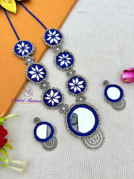 Sitara Neckpiece NNS53- Blue color mirror work necklace set with oxidized silver detailing by Naari Ratan