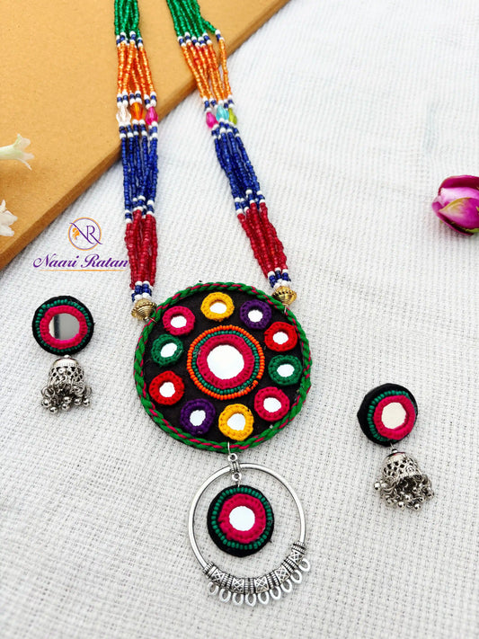 Sitara Neckpiece NNS54- Multi color mirror work necklace set with oxidized silver detailing by Naari Ratan