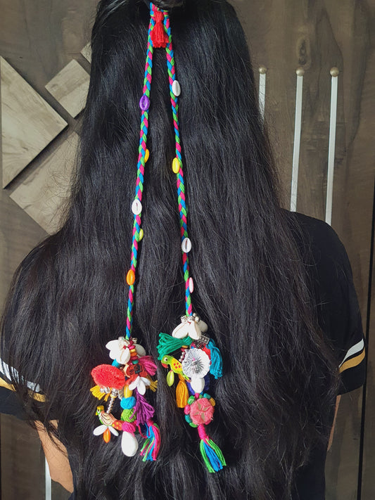 Handmade Multicolour Hair String NHA01 worn by model for Navratri by Naari Ratan