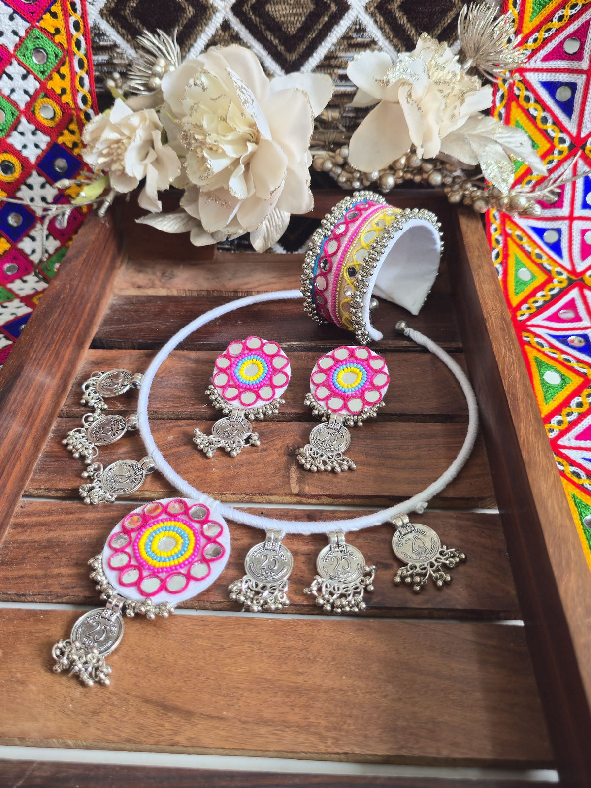 Kutchi Chaand Combo Set NC02 Naari Ratan - white mirror work Hansli, earrings, and cuff bracelet for Navratri