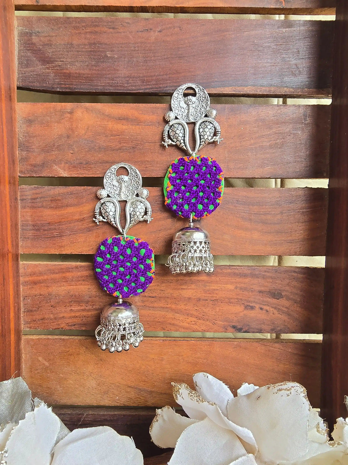 Rangeen Earrings Naari Ratan - oxidized silver peacock jhumka with purple green fabric disc