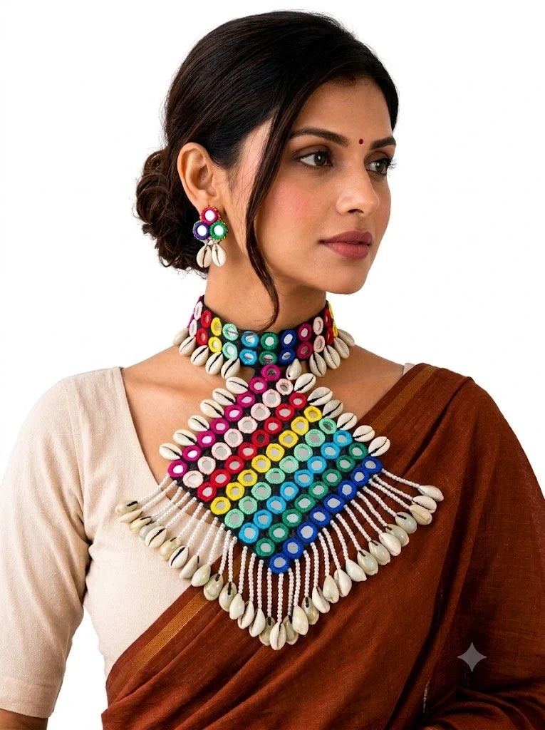 Woman wearing handmade Navratri mirror necklace and matching earrings by Naari Ratan-14