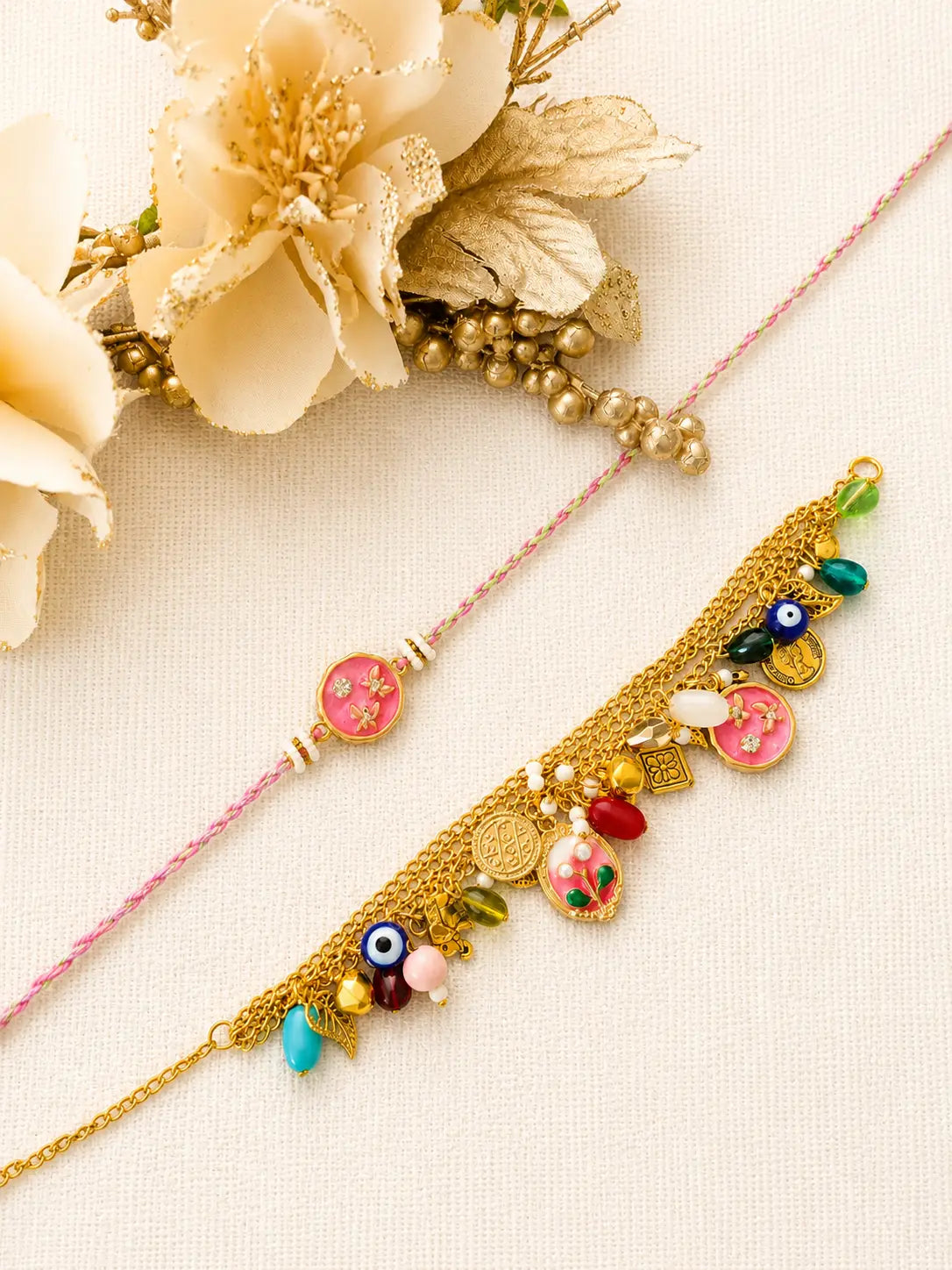 Premium Bhai Bhabhi Rakhi Pair RBB43 with Pink Designer Evil Eye Lumba Rakhi by Naari Ratan-72