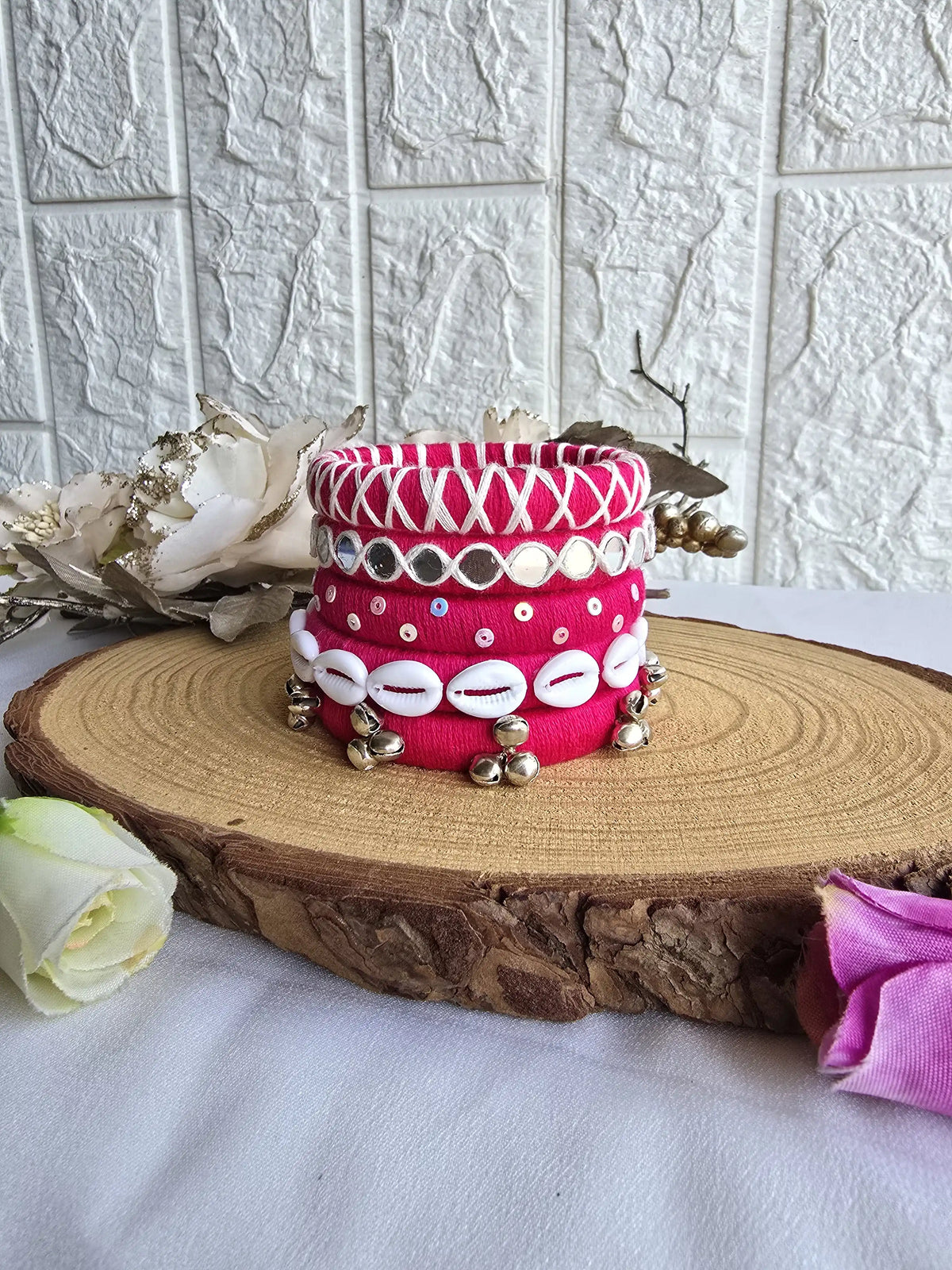 Aadhya Bangles pink thread bangles with mirror work and silver bells