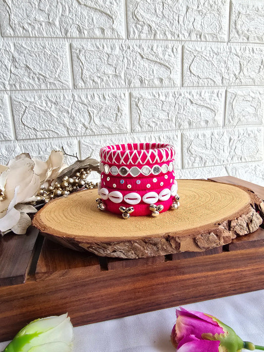 Aadhya Bangles pink thread bangles with mirror work and silver ghunghru side view