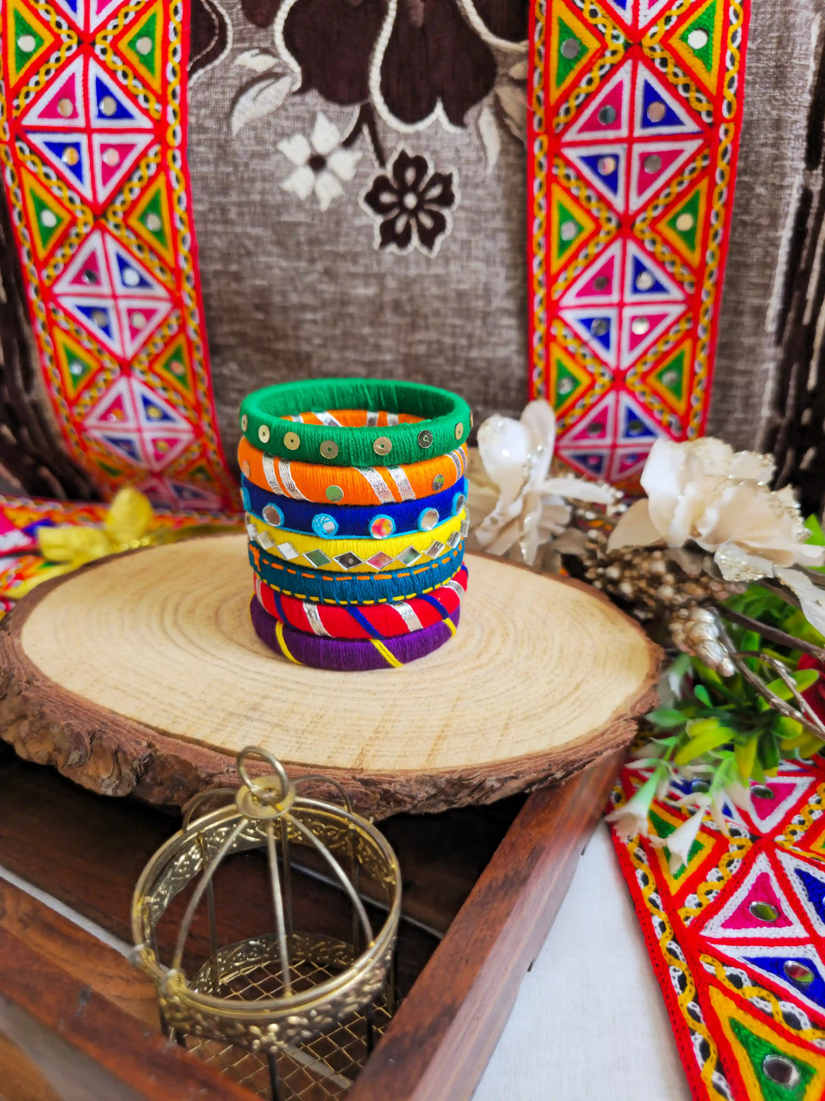 Aadhya Bangles pink thread bangles with mirror work 