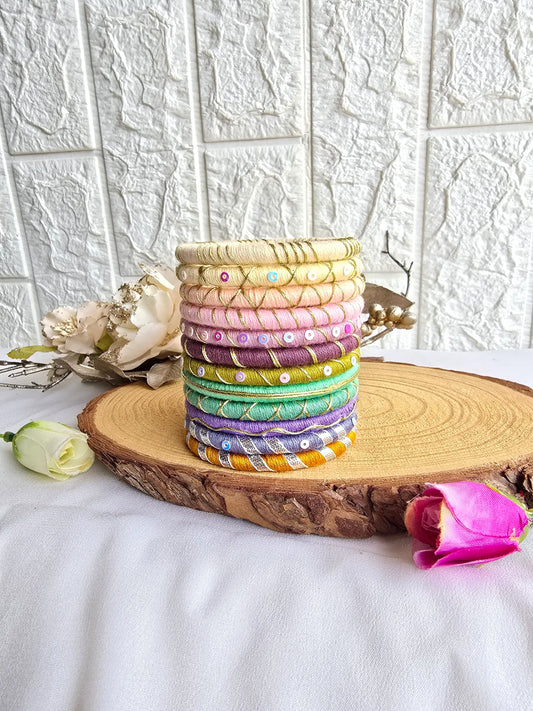 Aadhya Bangles pink thread bangles with mirror work and satara