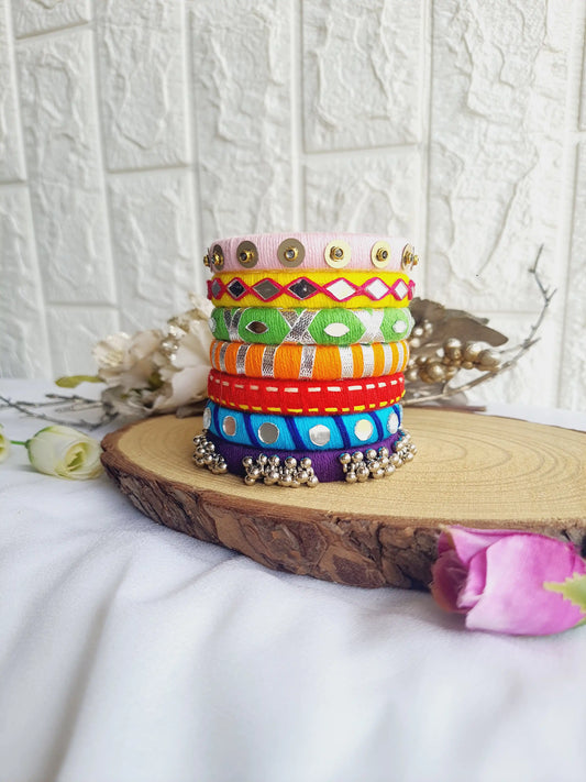 Aadhya Bangles pink thread bangles with Pom pom,kundan stone, ghughru and sataa