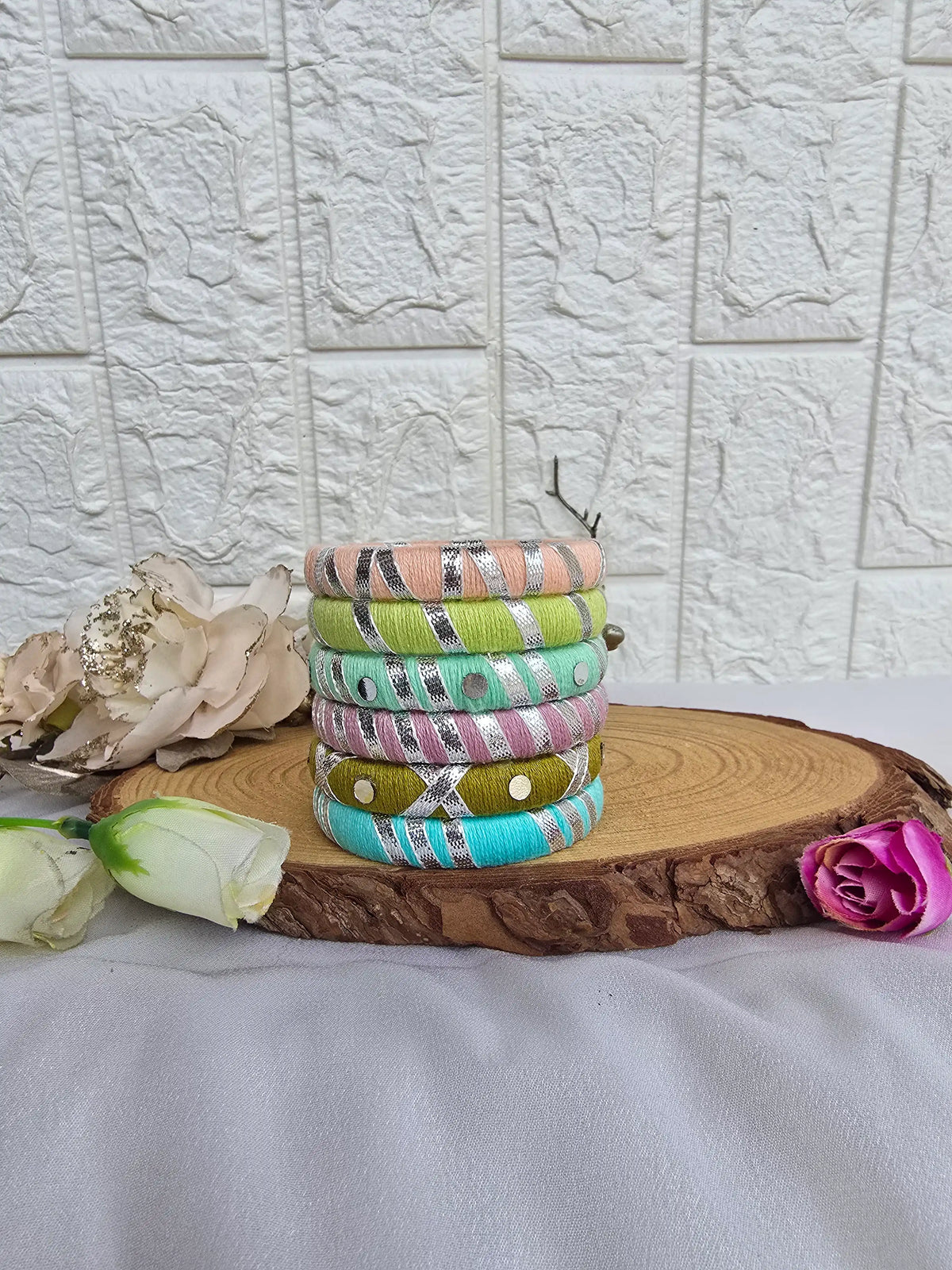 Aadhya Bangles pink thread bangles with Silver treads and Miror
