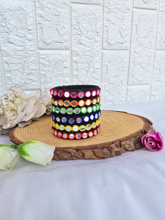 Aadhya Bangles Multicolor thread bangles with mirror work and silver bellskundan stone, silver charm ghughru,Parrot, Kowris and pom pom