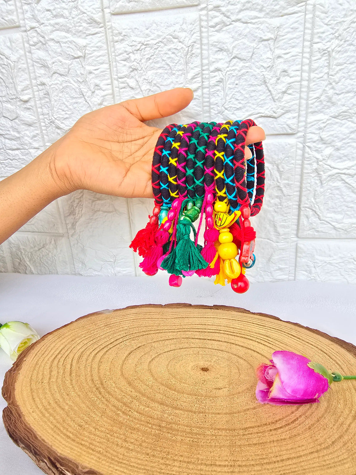 Aadhya Bangles Multicolor thread bangles with mirror work and silver bellskundan stone, silver charm ghughru,Parrot, Kowris and pom pom