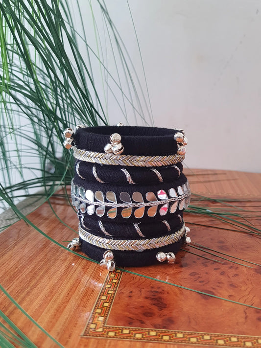 Aadhya Bangles Multicolor thread bangles with mirror work and silver bellskundan stone, silver charm ghughru,Parrot, Kowris and pom pom