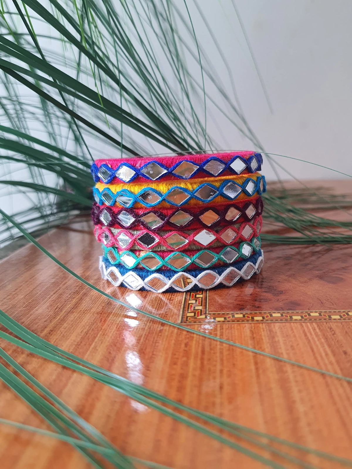 Aadhya Bangles Multicolor thread bangles with mirror work and silver bellskundan stone, silver charm ghughru,Parrot, Kowris and pom pom