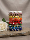 Aadhya Bangles — Multicolor thread bangles with mirror work, silver bells, kundan stones, silver charm ghungroo, parrot motifs, cowrie shells, and pom-poms.