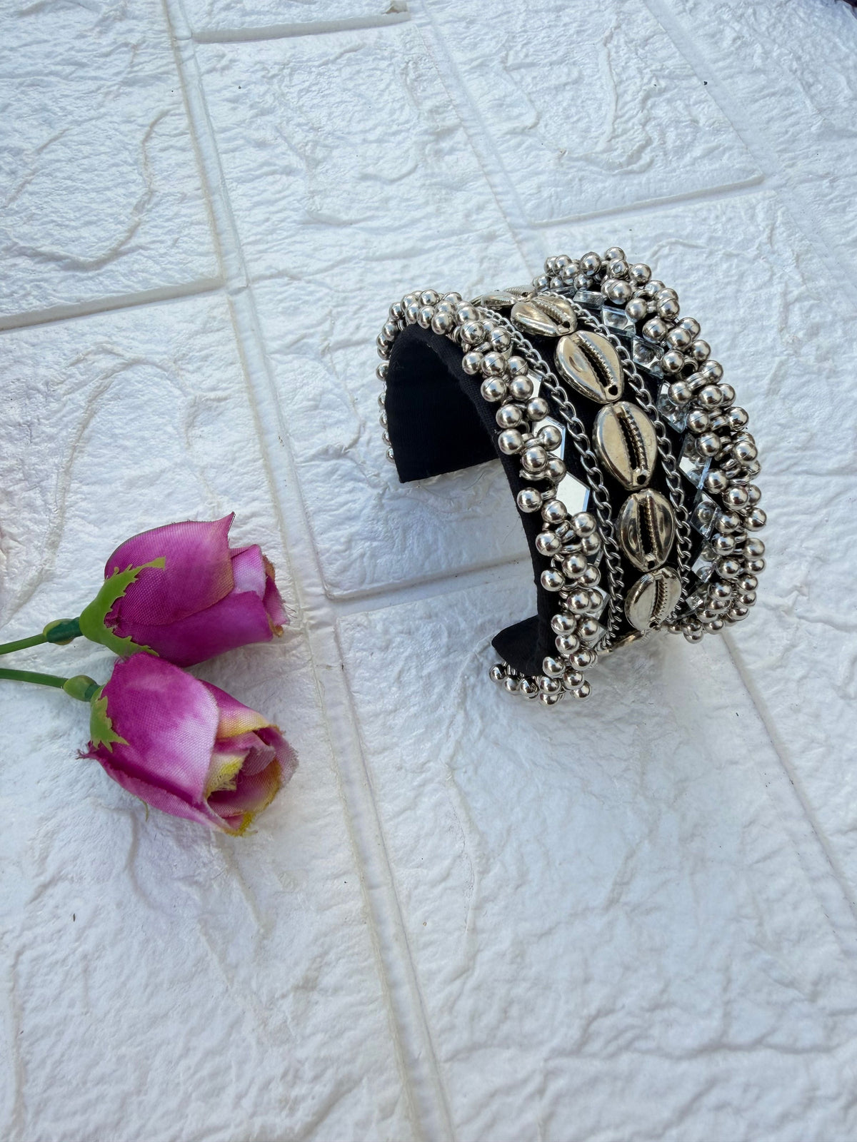 Banjara Cuff Bracelet Set NHC05 Naari Ratan - Black colour handcuff style silver charm wrist cuffs with cowrie shells and Multicolor Beads 