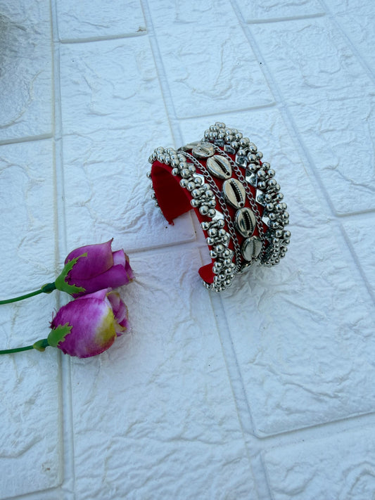 Banjara Cuff Bracelet Set NHC05 Naari Ratan - Red colour handcuff style silver charm wrist cuffs with cowrie shells and Multicolor Beads 