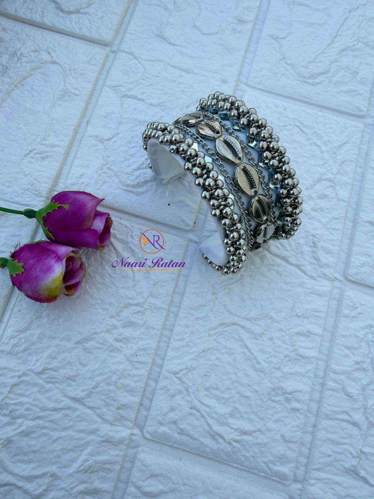 Banjara Cuff Bracelet Set NHC05 Naari Ratan - White colour handcuff style silver charm wrist cuffs with cowrie shells and Multicolor Beads 