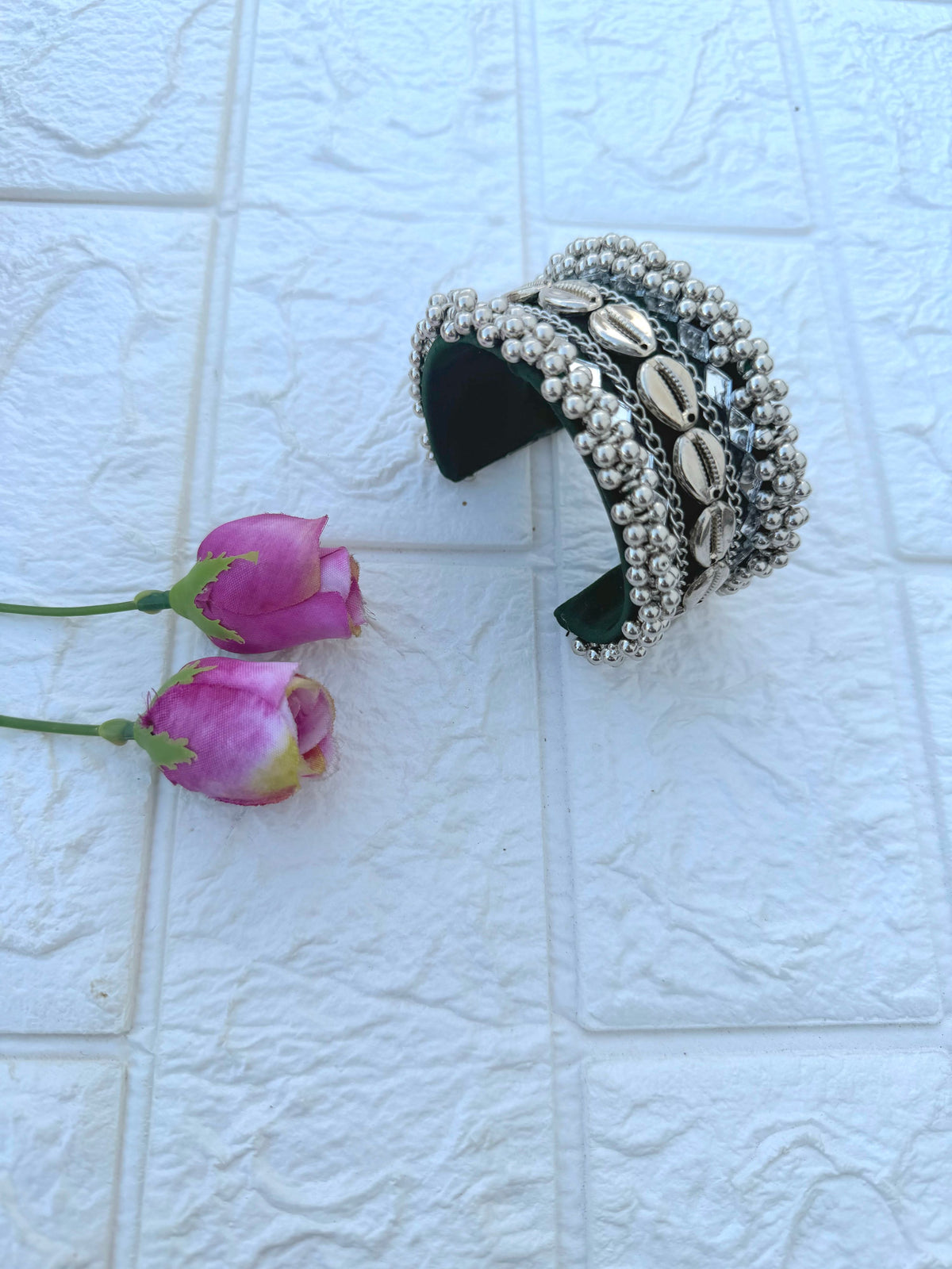 Banjara Cuff Bracelet Set NHC05 Naari Ratan - Green colour handcuff style silver charm wrist cuffs with cowrie shells and Multicolor Beads 