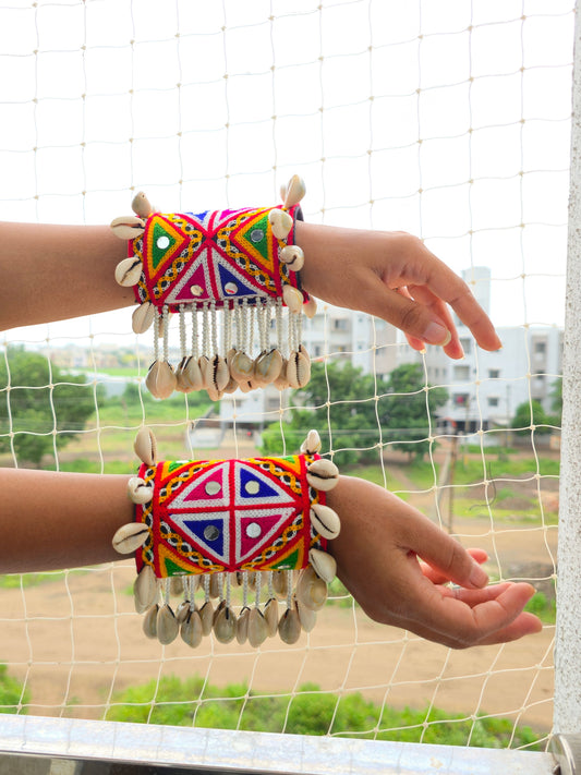 Banjara Cuff Bracelet Set NHC01 Naari Ratan - handcuff style mirror work wrist cuffs with cowrie shell fringe