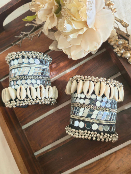 Banjara Cuff Bracelet Set NHC02 Naari Ratan - handcuff style silver mirror work wrist cuffs with cowrie shells and ghunghru