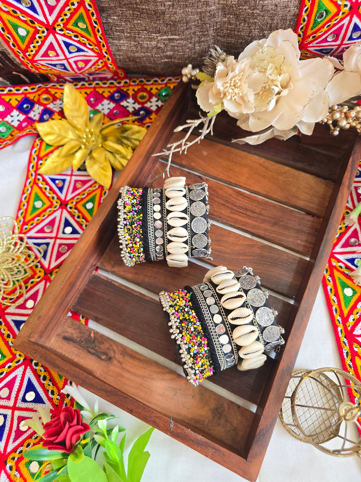 Banjara Cuff Bracelet Set NHC03 Naari Ratan - handcuff style silver charm wrist cuffs with cowrie shells and Multicolor Beads