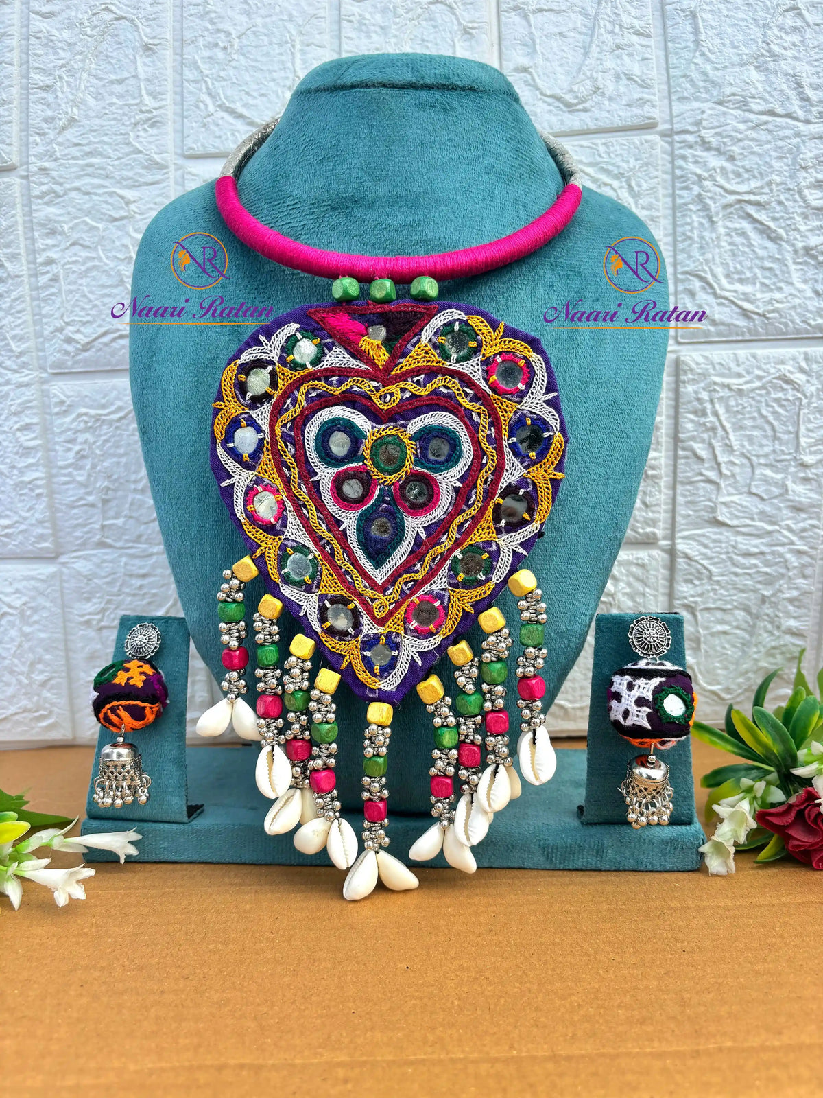 Banjara Shringar Neckpiece NNS73 - Handcrafted mirror work pendant with cowrie shell tassels by Naari Ratan