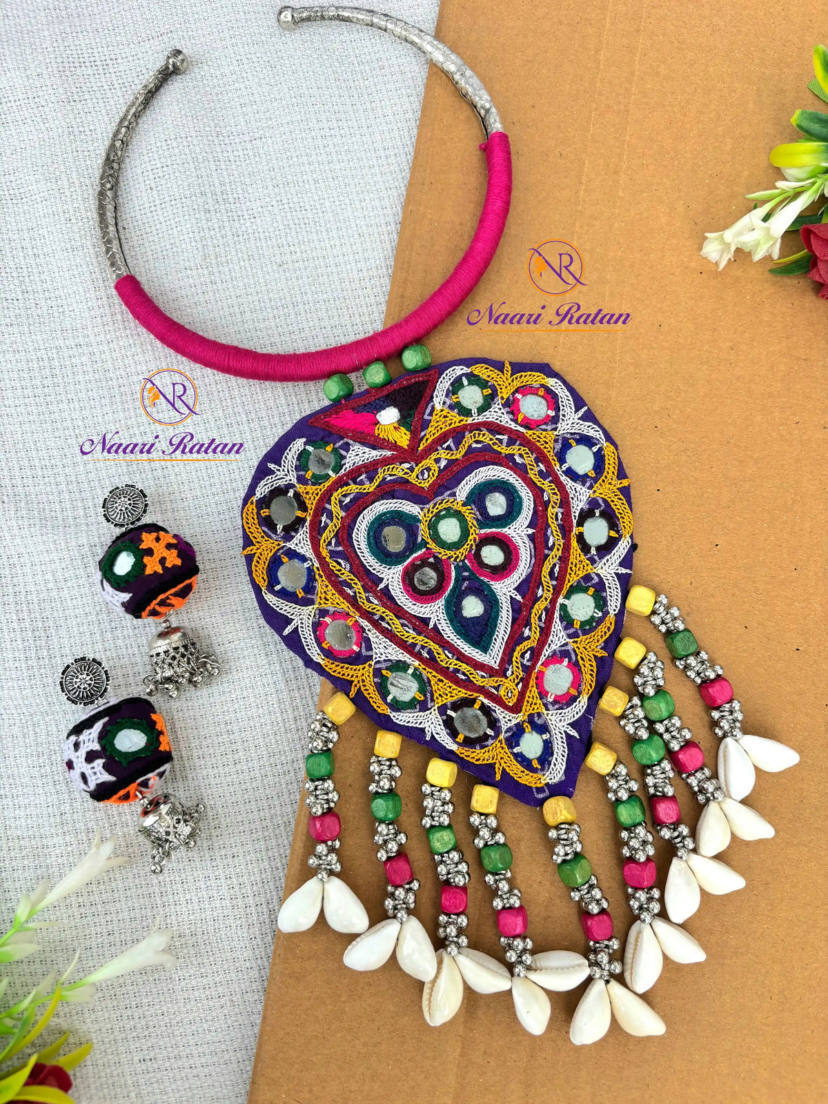 Banjara Shringar Neckpiece NNS73 - Handcrafted mirror work pendant with cowrie shell tassels by Naari Ratan Close View