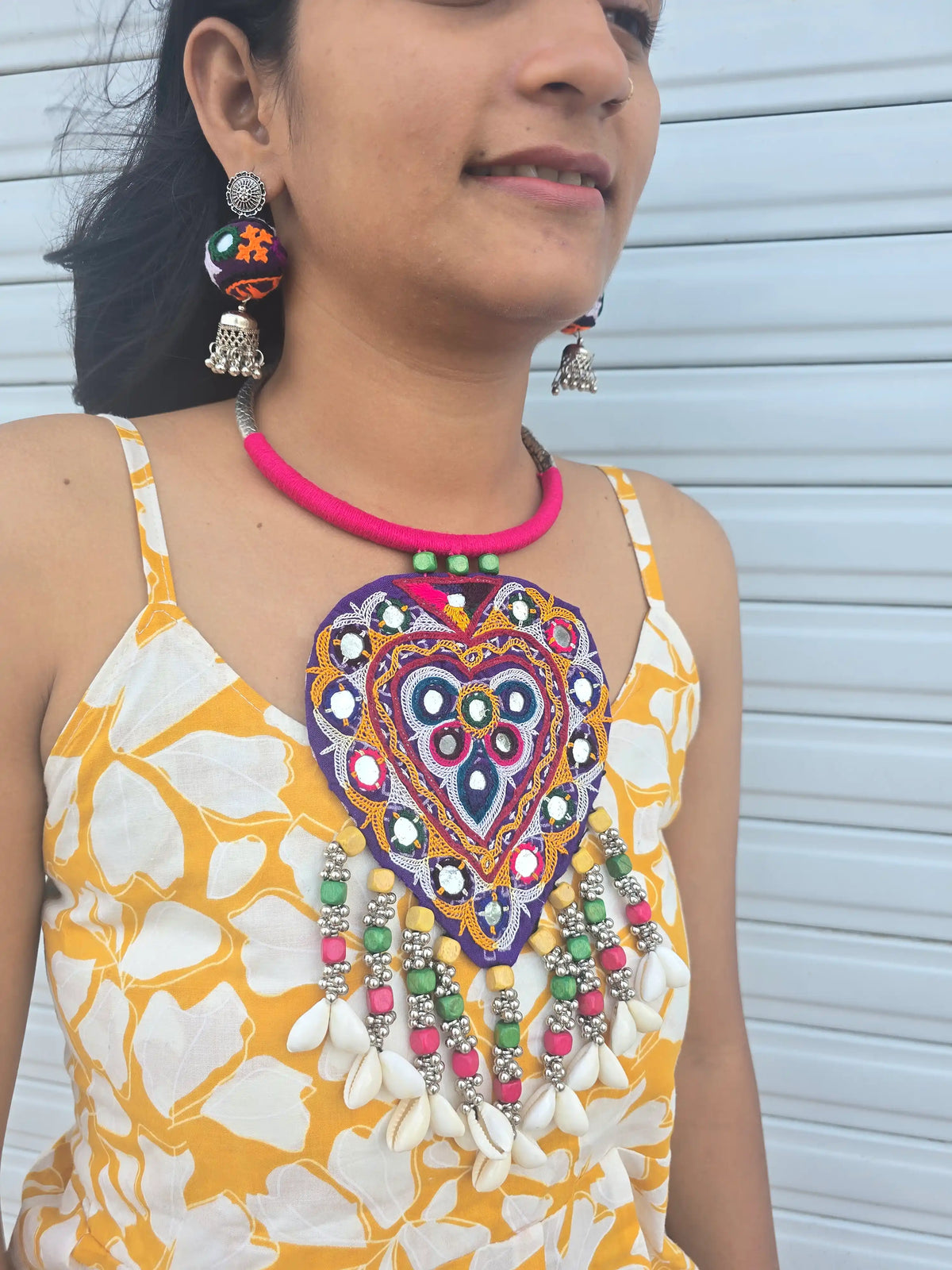 Banjara Shringar Neckpiece NNS73 - Handcrafted mirror work pendant with cowrie shell tassels by Naari Ratan Wear view