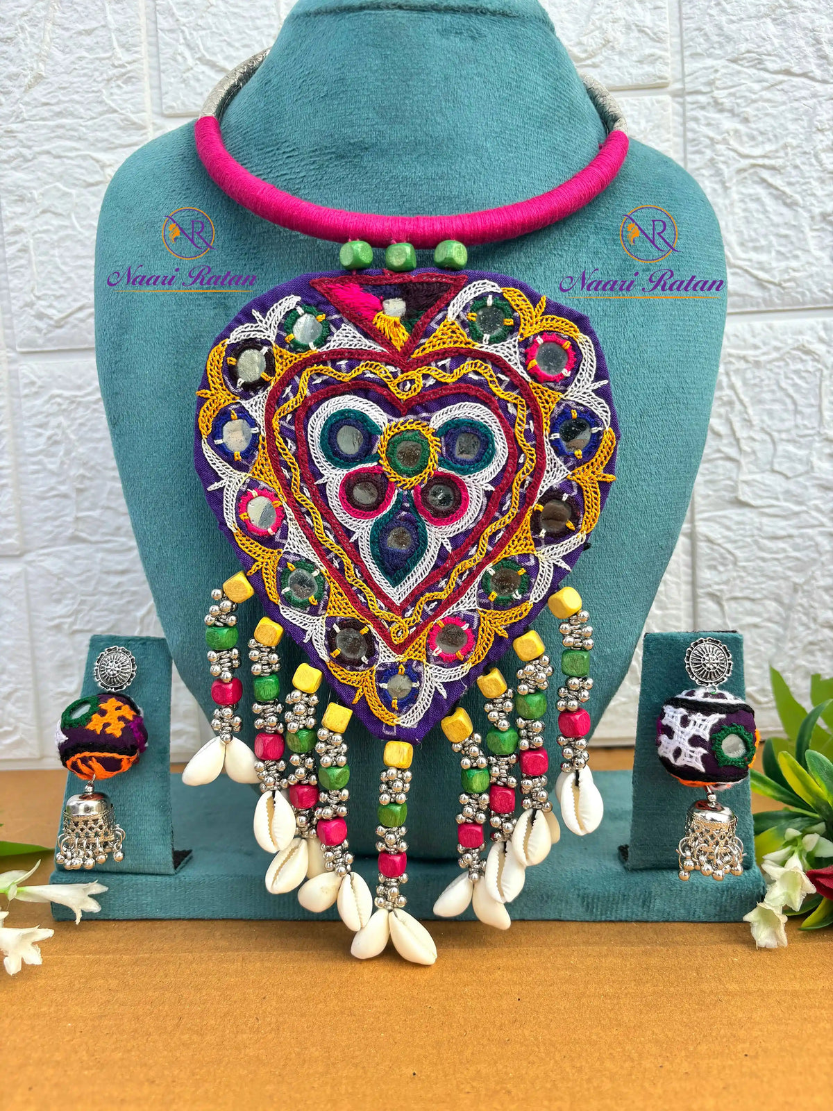 Banjara Shringar Neckpiece NNS73 - Handcrafted mirror work pendant with cowrie shell tassels by Naari Ratan Side View