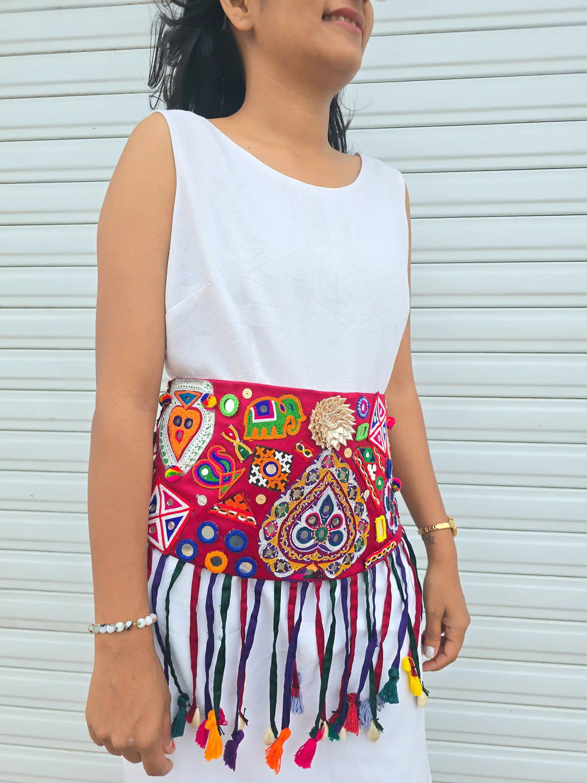 Banjara Waist Belt NW01 - Handcrafted mirror work waist belt with tassels by Naari Ratan Side View