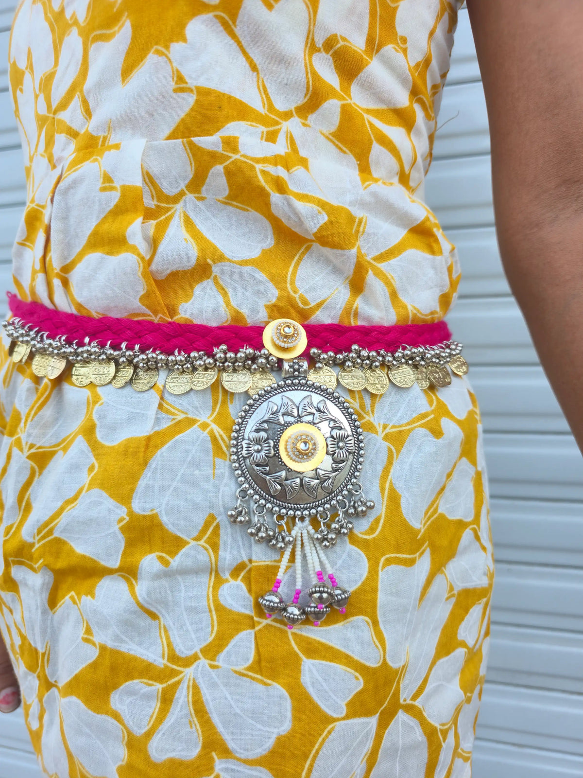Banjara Waist Belt NW03 - Handcrafted mirror work waist belt and Neckpiece 2 in 1 with tassels by Naari Ratan Side View