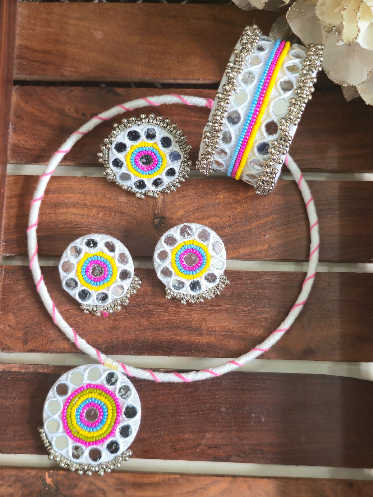 Kutchi Chaand Combo Set NC01 Naari Ratan - white mirror work Hansli, earrings, and cuff bracelet for Navratri Close Up View