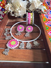 Kutchi Chaand Combo Set NC02 Naari Ratan - white mirror work Hansli, earrings, and cuff bracelet for Navratri Close View