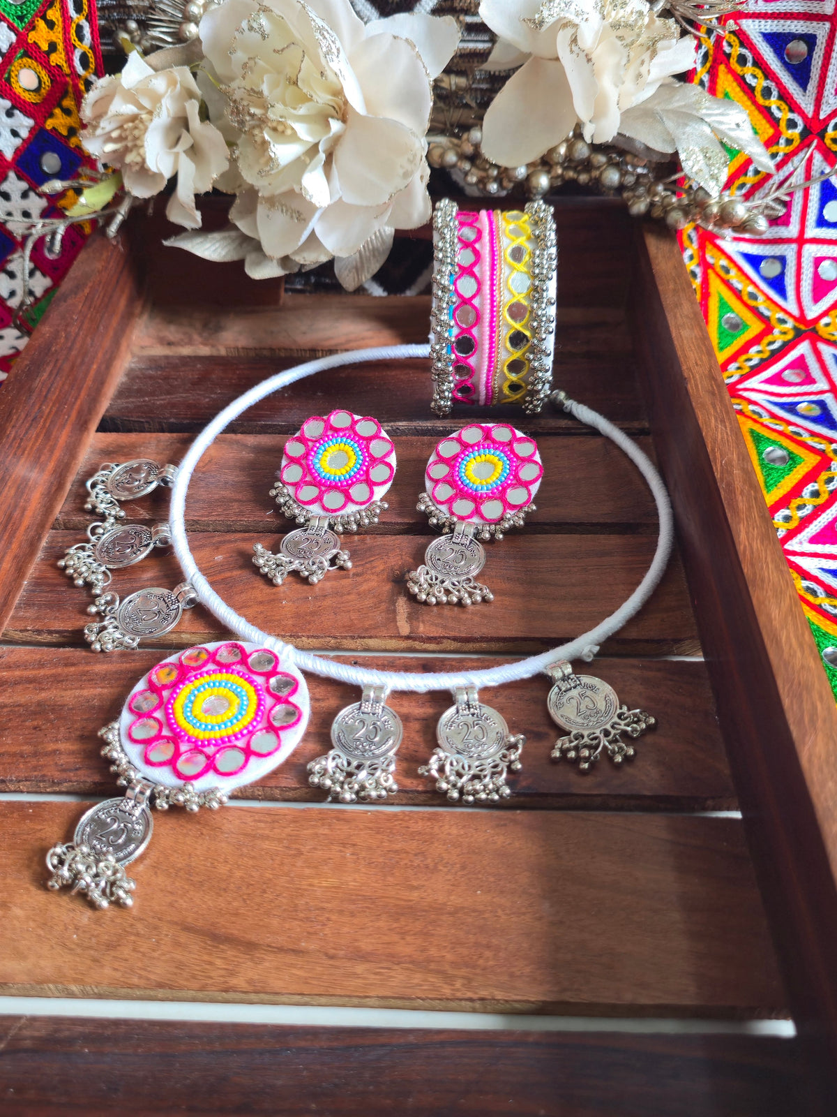 Kutchi Chaand Combo Set NC02 Naari Ratan - white mirror work Hansli, earrings, and cuff bracelet for Navratri Close View