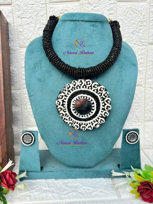 Kutchi Motira Choker - Multicolor beaded choker set with mirror work pendant and earrings by Naari Ratan