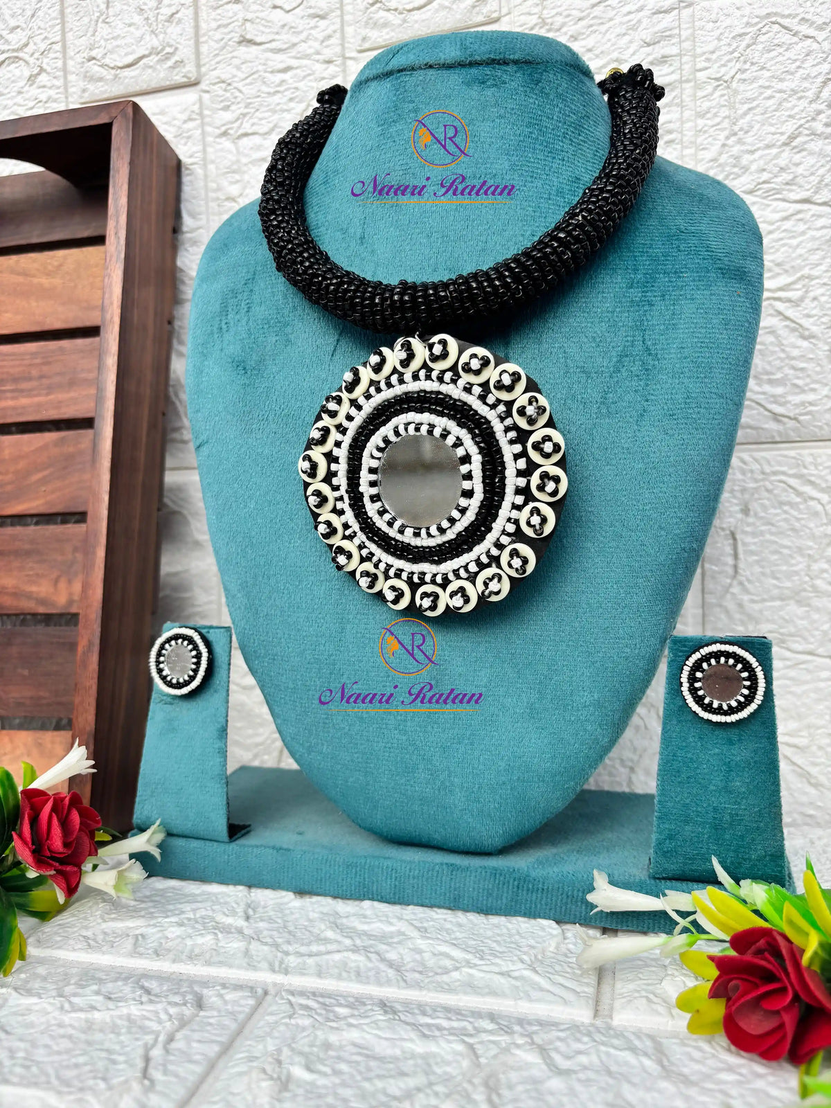 Kutchi Motira Choker - Multicolor beaded choker set with mirror work pendant and earrings by Naari Ratan Side view