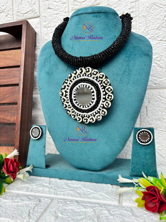 Kutchi Motira Choker - Multicolor beaded choker set with mirror work pendant and earrings by Naari Ratan Side view