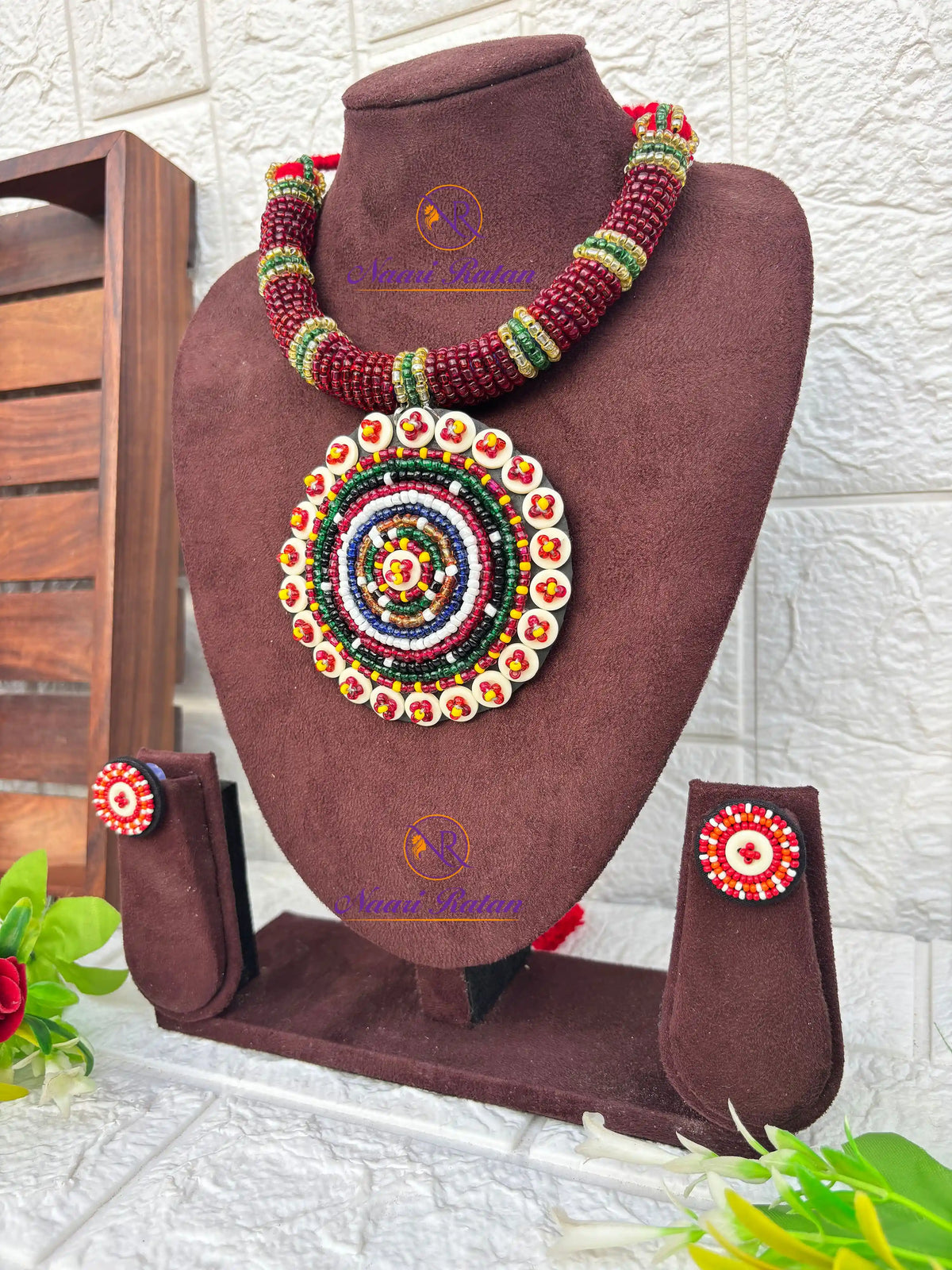 Kutchi Motira Choker - Multicolor beaded choker set with mirror work pendant and earrings by Naari Ratan Side  View