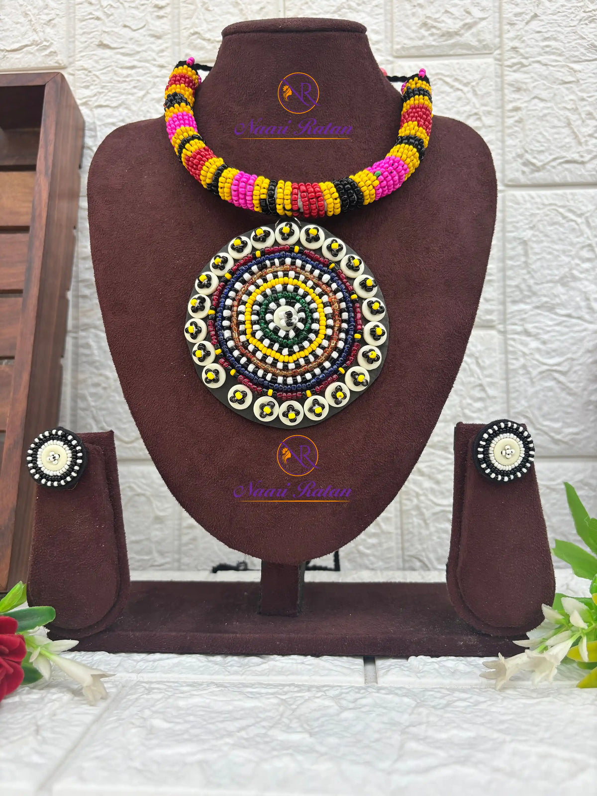 Kutchi Motira Choker - Multicolor beaded choker set with mirror work pendant and earrings by Naari Ratan