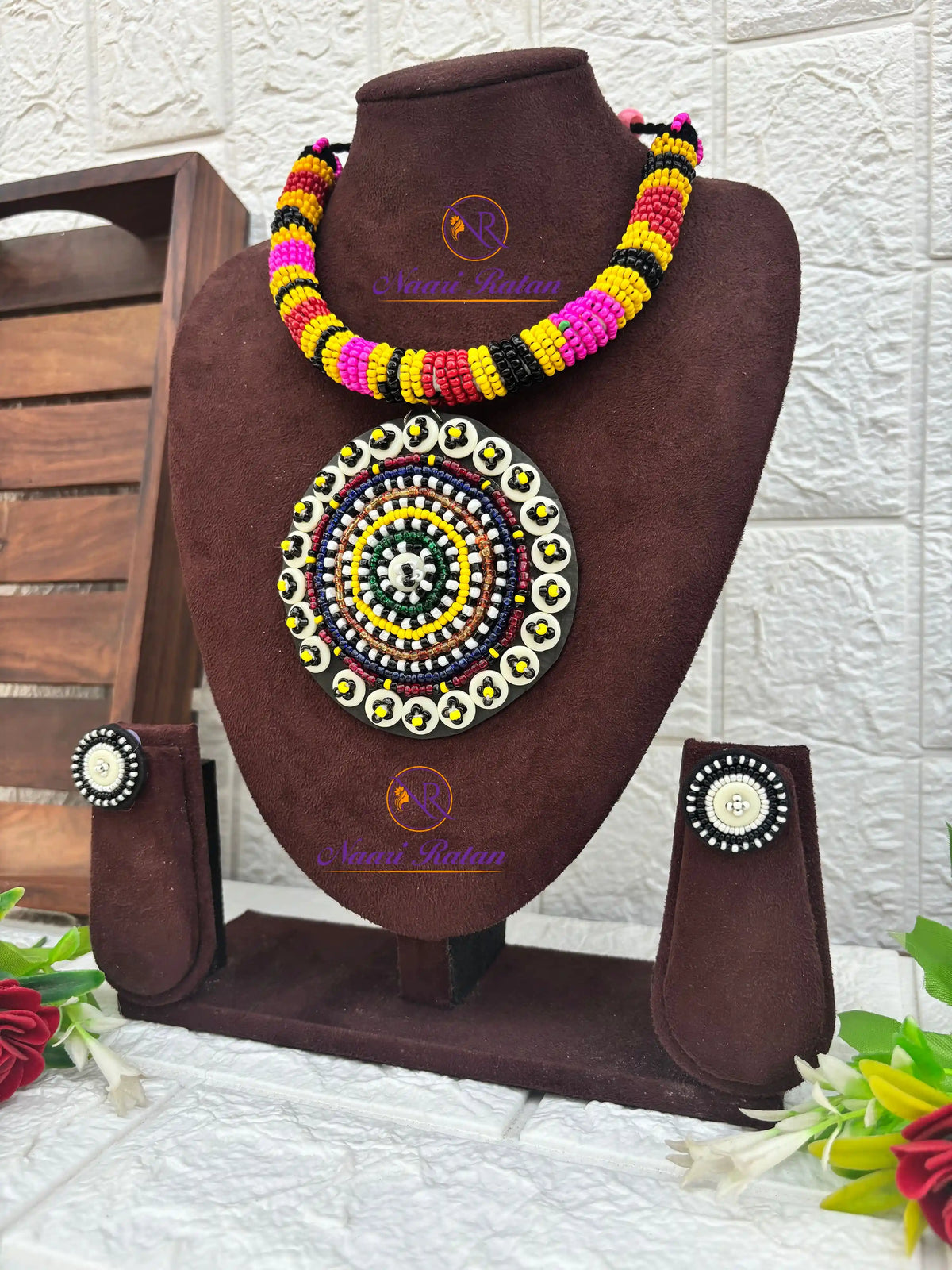 Kutchi Motira Choker - Multicolor beaded choker set with mirror work pendant and earrings by Naari Ratan side view