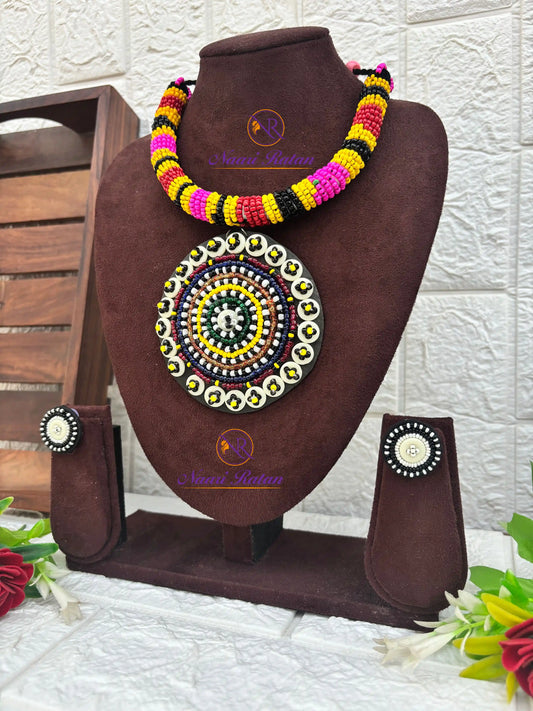 Kutchi Motira Choker - Multicolor beaded choker set with mirror work pendant and earrings by Naari Ratan side view