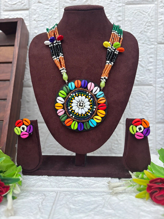 Kutchi Motira Choker - Multicolor beaded choker set with mirror work pendant and earrings by Naari Ratan