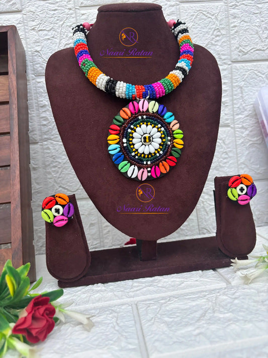 Kutchi Motira Choker  Side View- Multicolor beaded choker set with mirror work pendant and earrings by Naari Ratan