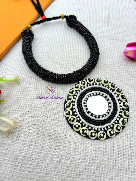 Kutchi Motira Choker - Multicolor beaded choker set with mirror work pendant and earrings by Naari Ratan